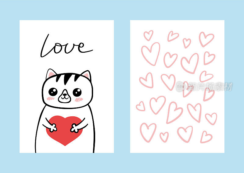 Greeting card template. Cute hand drawn animal holds a heart